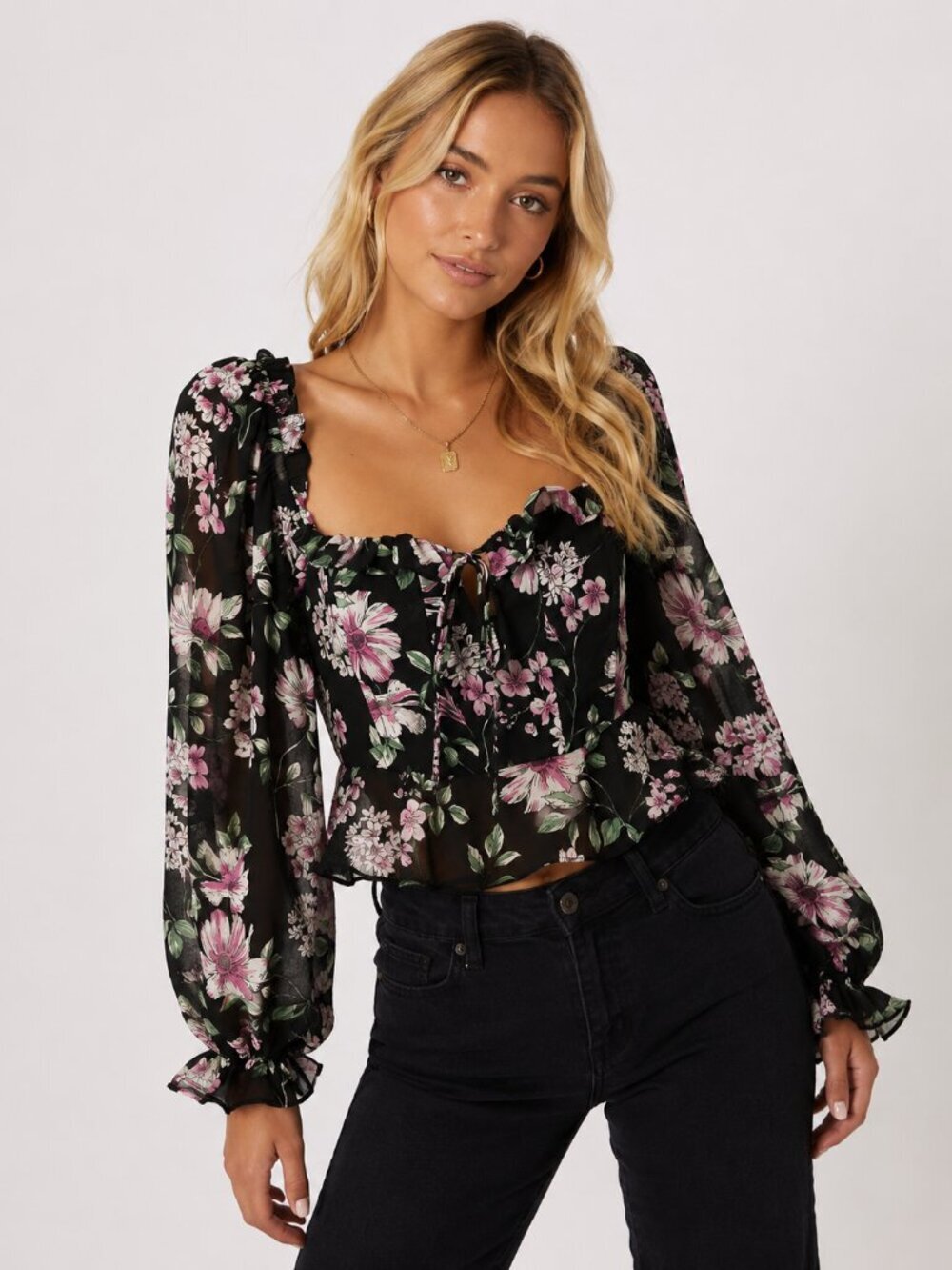 Lulus Masterful Muse Black Floral Print Ruffled Long Sleeve Top XL 8471